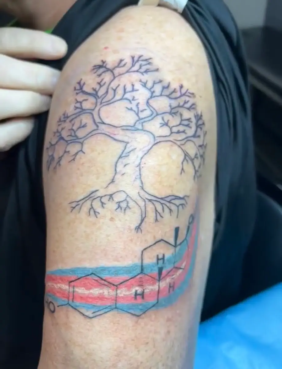 A fine line tree of life on an upper arm above a colour band showing a chemical structure over red and blue